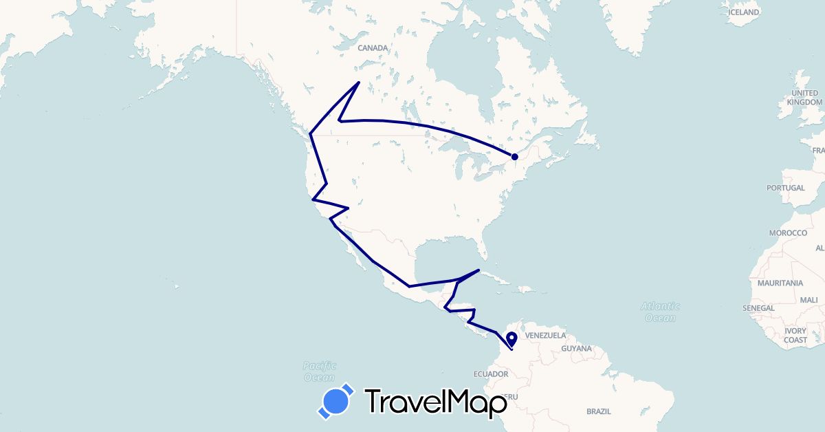 TravelMap itinerary: driving in Belize, Canada, Colombia, Cuba, Guatemala, Mexico, Nicaragua, Panama, El Salvador, United States (North America, South America)